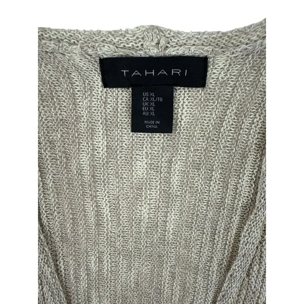 Tahari Womens Linen Blend Open Front Knit Cardigan Textured Beige Lightweight XL - Picture 2 of 11